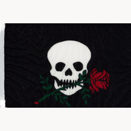 Spassflagge Piratenflagge schwarz, Totenkopf weiss mit roter Rose, 20 x 30 cm (Piratenfahne)